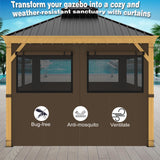 10ft x 12ft Gazebo Curtains,Privacy Replacement Sidewall with Roll-up Mosquito Net Windows, 4-Panel Universal Shade Curtains Set,Protecting Side Walls (Only Curtain)-Brown Zupoquk