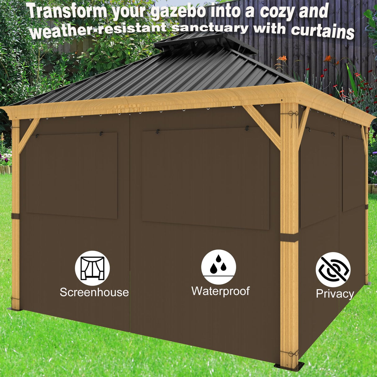 10ft x 12ft Gazebo Curtains,Privacy Replacement Sidewall with Roll-up Mosquito Net Windows, 4-Panel Universal Shade Curtains Set,Protecting Side Walls (Only Curtain)-Brown Zupoquk