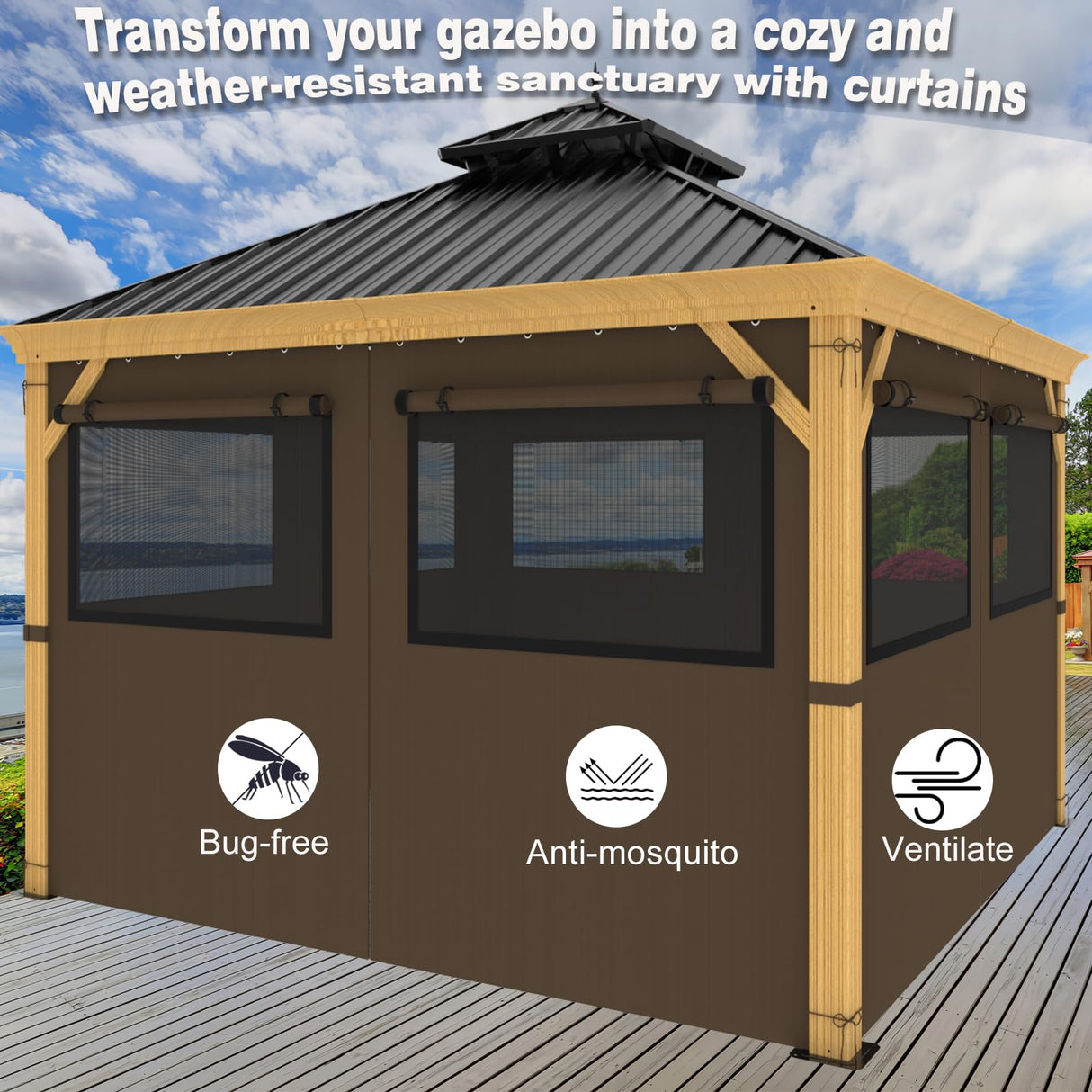 10ft x 12ft Gazebo Curtains,Privacy Replacement Sidewall with Roll-up Mosquito Net Windows, 4-Panel Universal Shade Curtains Set,Protecting Side Walls (Only Curtain)-Brown Zupoquk