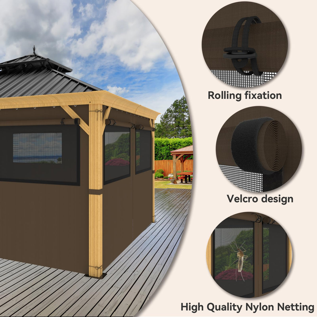 10ft x 12ft Gazebo Curtains,Privacy Replacement Sidewall with Roll-up Mosquito Net Windows, 4-Panel Universal Shade Curtains Set,Protecting Side Walls (Only Curtain)-Brown Zupoquk