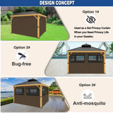 10ft x 12ft Gazebo Curtains,Privacy Replacement Sidewall with Roll-up Mosquito Net Windows, 4-Panel Universal Shade Curtains Set,Protecting Side Walls (Only Curtain)-Brown Zupoquk