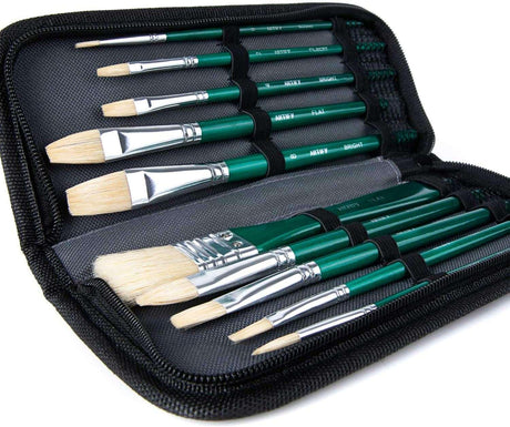 10pc Paint Brush Set, Intermediate Series Carrying Case, Premium Hog Bristle Acrylic and Oil Painting Green WoodArtSupply