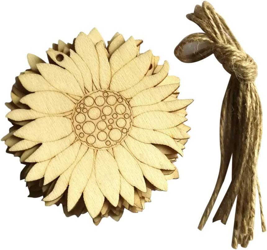 10Pcs Wood Slices Unfinished Wood Cutouts Shapes Pieces Sun Flower Crafts Confetti DIY Pendants with Hemp Rope WoodArtSupply