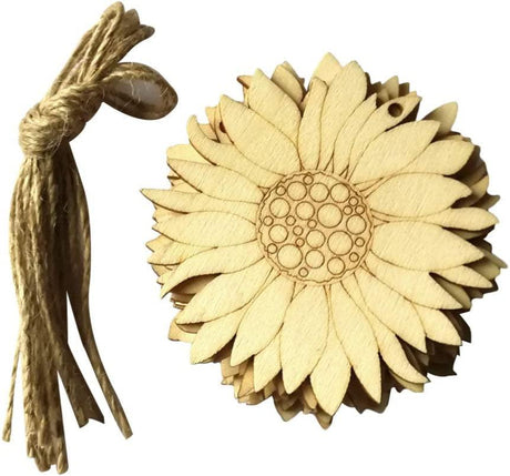 10Pcs Wood Slices Unfinished Wood Cutouts Shapes Pieces Sun Flower Crafts Confetti DIY Pendants with Hemp Rope WoodArtSupply