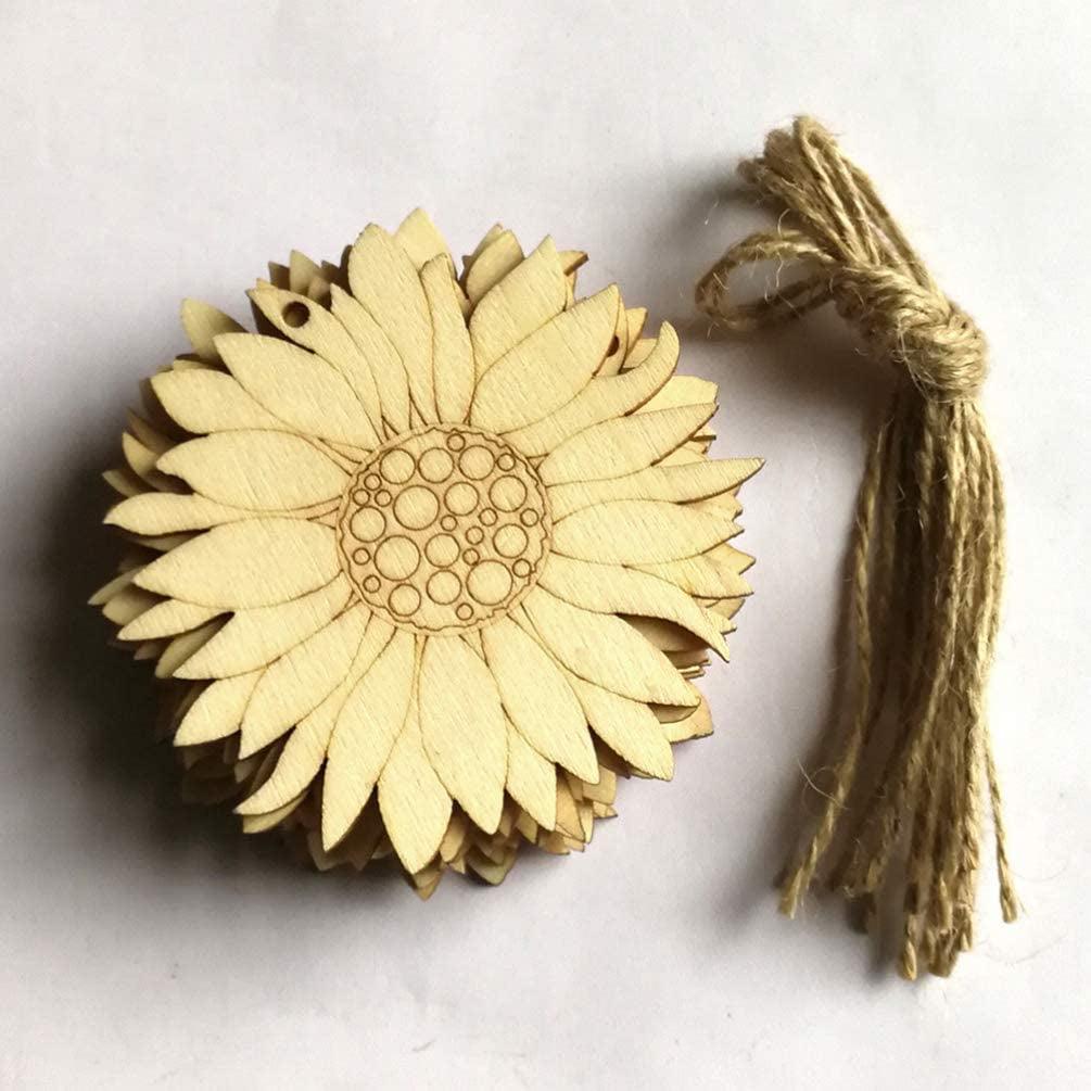 10Pcs Wood Slices Unfinished Wood Cutouts Shapes Pieces Sun Flower Crafts Confetti DIY Pendants with Hemp Rope WoodArtSupply