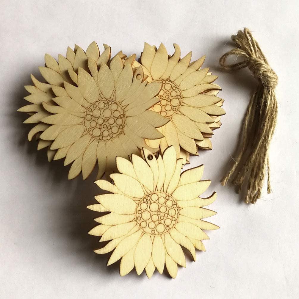 10Pcs Wood Slices Unfinished Wood Cutouts Shapes Pieces Sun Flower Crafts Confetti DIY Pendants with Hemp Rope WoodArtSupply