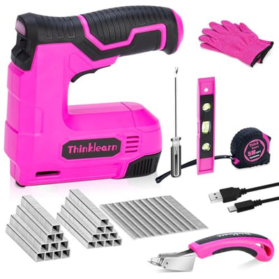 10pcs Electric Staple Gun, 2 in 1 Pink Cordless Stapler Nail Gun Set with 2500pcs Staples Nails, 4V Power Tacker for Upholstery, Wood, Carpentry,