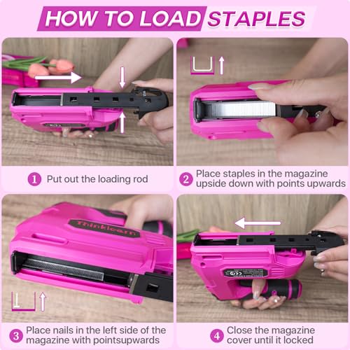 10pcs Electric Staple Gun, 2 in 1 Pink Cordless Stapler Nail Gun Set with 2500pcs Staples Nails, 4V Power Tacker for Upholstery, Wood, Carpentry, ThinkLearn