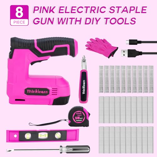 10pcs Electric Staple Gun, 2 in 1 Pink Cordless Stapler Nail Gun Set with 2500pcs Staples Nails, 4V Power Tacker for Upholstery, Wood, Carpentry, ThinkLearn