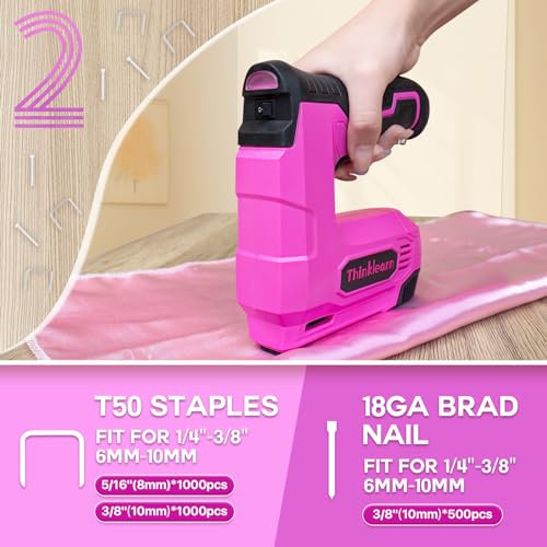 10pcs Electric Staple Gun, 2 in 1 Pink Cordless Stapler Nail Gun Set with 2500pcs Staples Nails, 4V Power Tacker for Upholstery, Wood, Carpentry, ThinkLearn