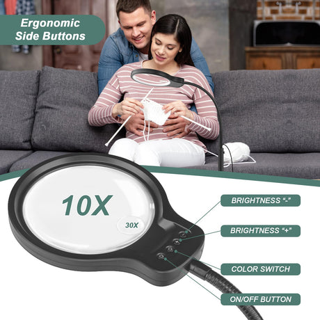 10X 30X Magnifying Glass with Light and Stand, Large Floor Magnifier for Close Work, 5 Color Modes, Hands Free Magnifying Lamp for Reading, Jewelers, Crafts, Sewing JUOIFIP
