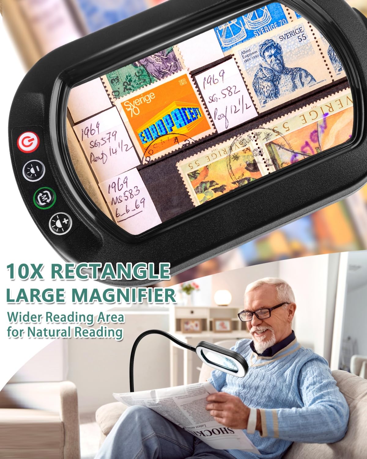 10X Rectangle Magnifying Glass with Light and Stand, 24" Flexible Gooseneck 3-in-1 Floor Lamp, 5 Color Modes Stepless Dimmable, LED Lighted Hands Free Magnifier for Reading Crafts Painting Close Work IVMAIE