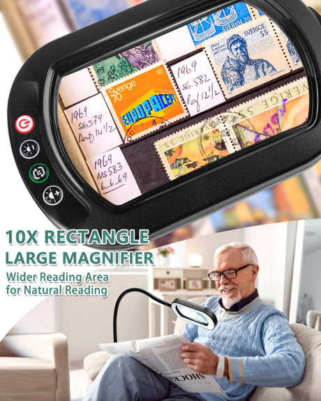 10X Rectangle Magnifying Glass with Light and Stand, 24" Flexible Gooseneck 3-in-1 Floor Lamp, 5 Color Modes Stepless Dimmable, LED Lighted Hands Free Magnifier for Reading Crafts Painting Close Work IVMAIE