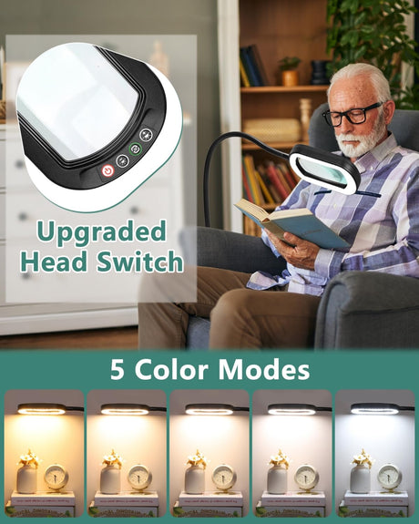 10X Rectangle Magnifying Glass with Light and Stand, 24" Flexible Gooseneck 3-in-1 Floor Lamp, 5 Color Modes Stepless Dimmable, LED Lighted Hands Free Magnifier for Reading Crafts Painting Close Work IVMAIE