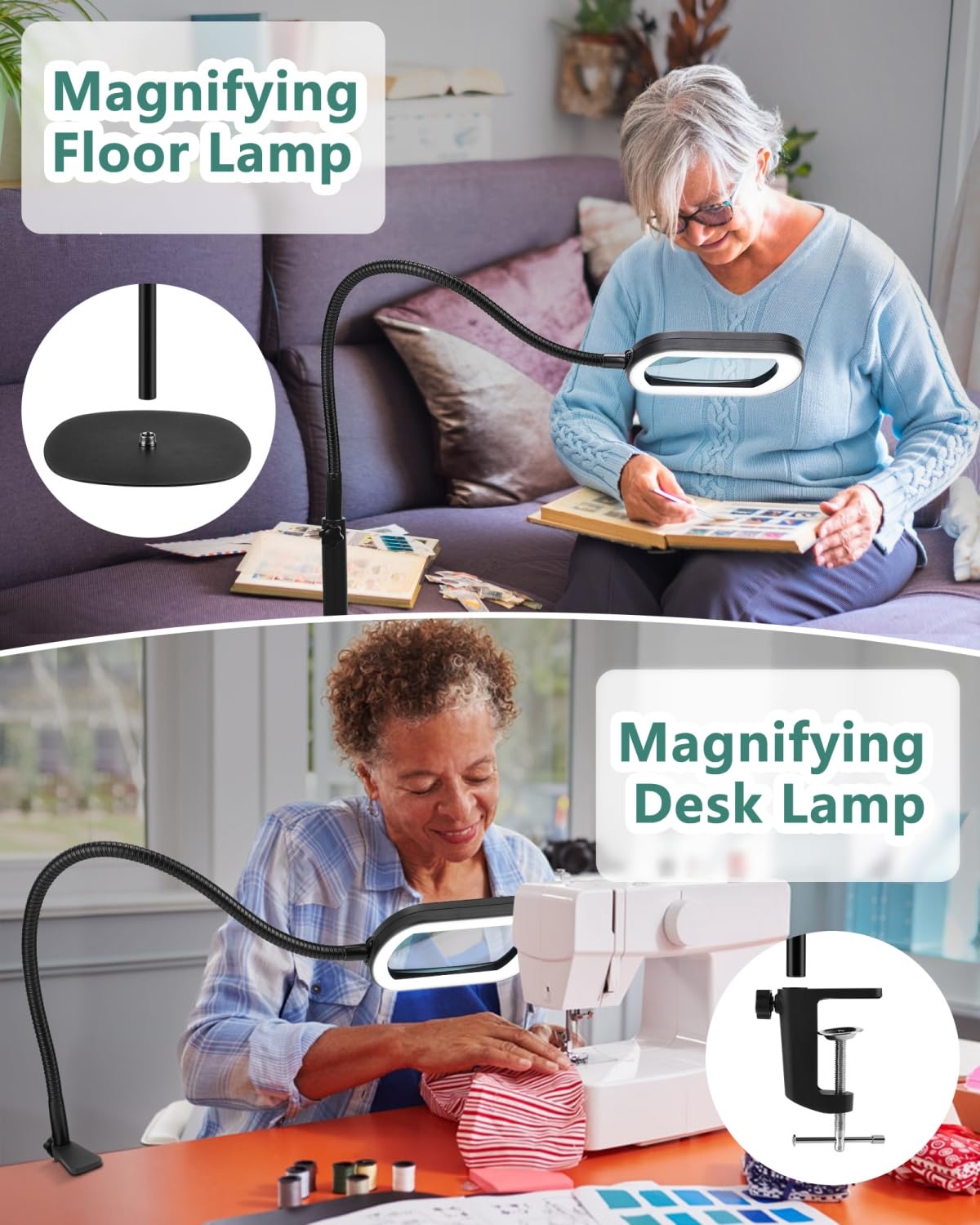 10X Rectangle Magnifying Glass with Light and Stand, 24" Flexible Gooseneck 3-in-1 Floor Lamp, 5 Color Modes Stepless Dimmable, LED Lighted Hands Free Magnifier for Reading Crafts Painting Close Work IVMAIE