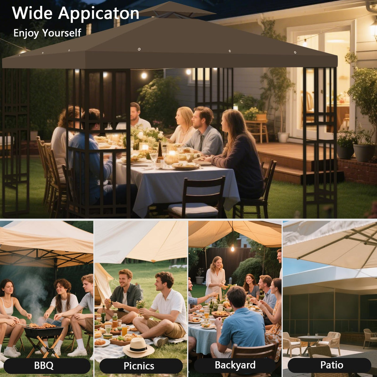 10x10 Replacement Gazebo Canopy Top, 10x10 FT Gazebo Top Double Tiered Canopy Covers with Air Vent for BBQ Yard Patio Garden Hcaiip