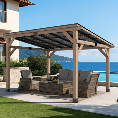 10x12 FT Wood Gazebos with Hardtop Sloping Steel Roof, Outdoor Wooden Gazebo, Cedar Frame Patio Awning for Barbecue, Garden, Deck, Party