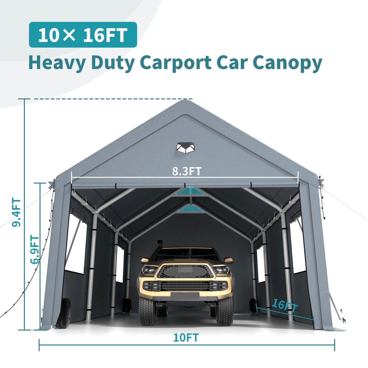 10x16FT Heavy Duty Carport Canopy,Extra Large Portable Car Tent Garage with Roll-up Windows and All-Season Tarp Cover,Removable Roof &Side Walls for Car, SUV,Boats&Truck Shelter Logic Storage Sannwsg