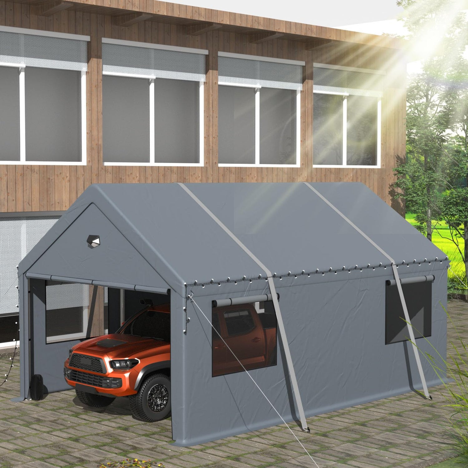 10x16FT Heavy Duty Carport Canopy,Extra Large Portable Car Tent Garage with Roll-up Windows and All-Season Tarp Cover,Removable Roof &Side Walls for Car, SUV,Boats&Truck Shelter Logic Storage Sannwsg