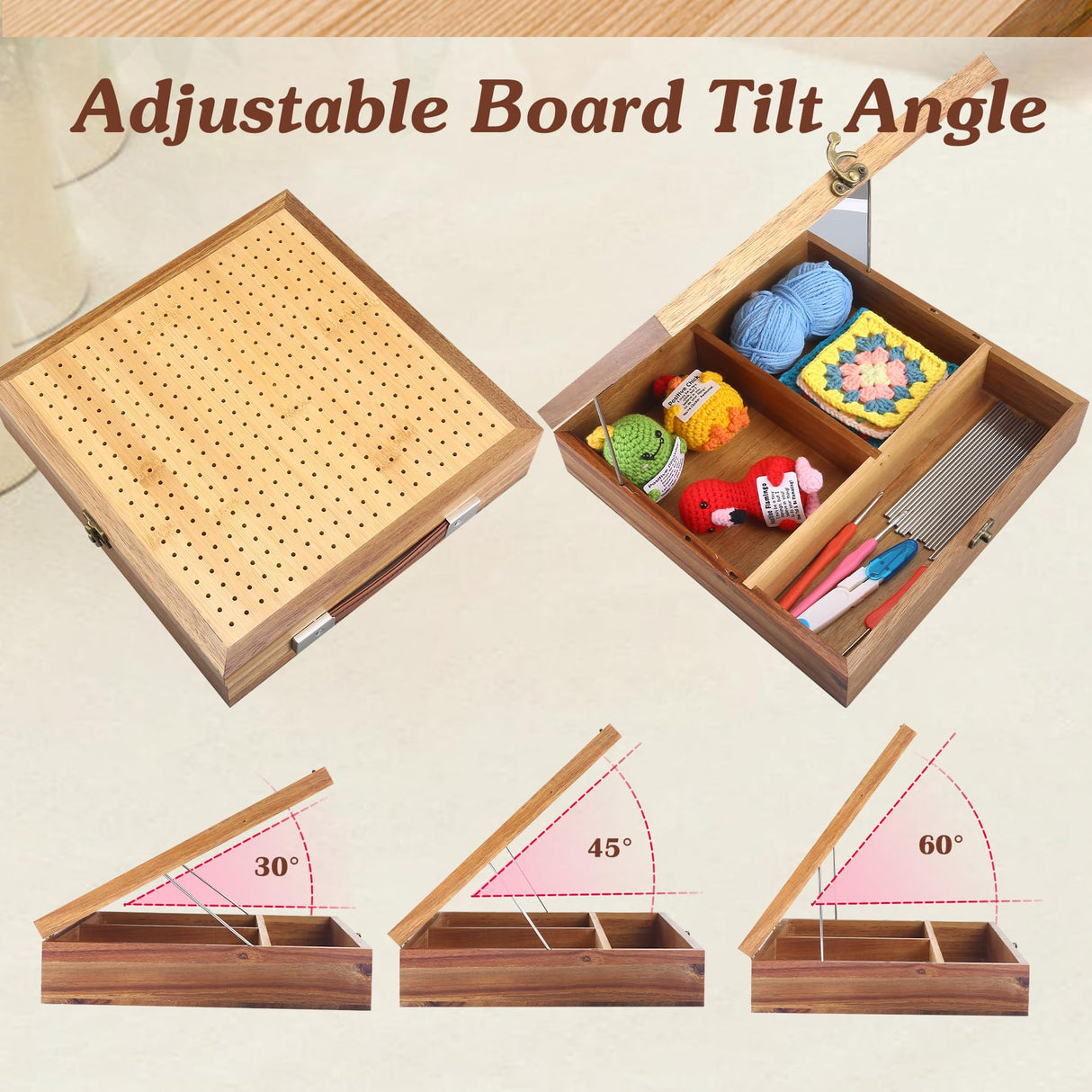11.6" Crochet Blocking Board with Storage Drawer & Pegs, Acacia & Bamboo Blocking Boards for Crochet Projects, Granny Square Blocking Board, Crocheting Accessories Gifts for Grandmothers, Crocheters NewEle