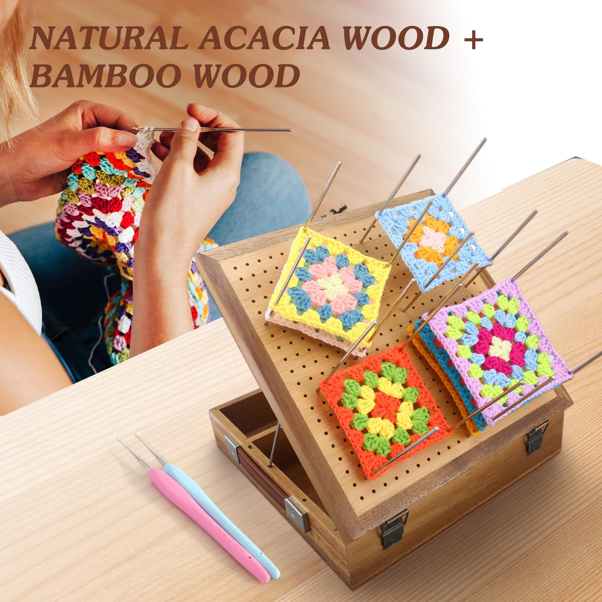 11.6" Crochet Blocking Board with Storage Drawer & Pegs, Acacia & Bamboo Blocking Boards for Crochet Projects, Granny Square Blocking Board, Crocheting Accessories Gifts for Grandmothers, Crocheters NewEle