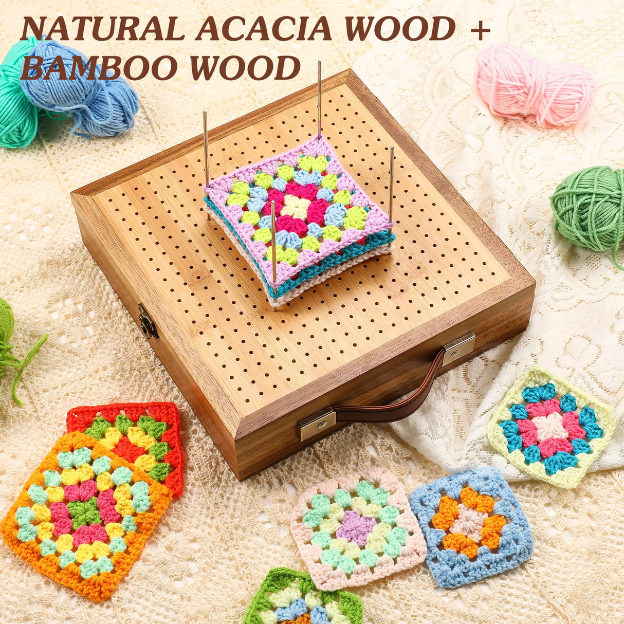 11.6" Crochet Blocking Board with Storage Drawer & Pegs, Acacia & Bamboo Blocking Boards for Crochet Projects, Granny Square Blocking Board, Crocheting Accessories Gifts for Grandmothers, Crocheters NewEle