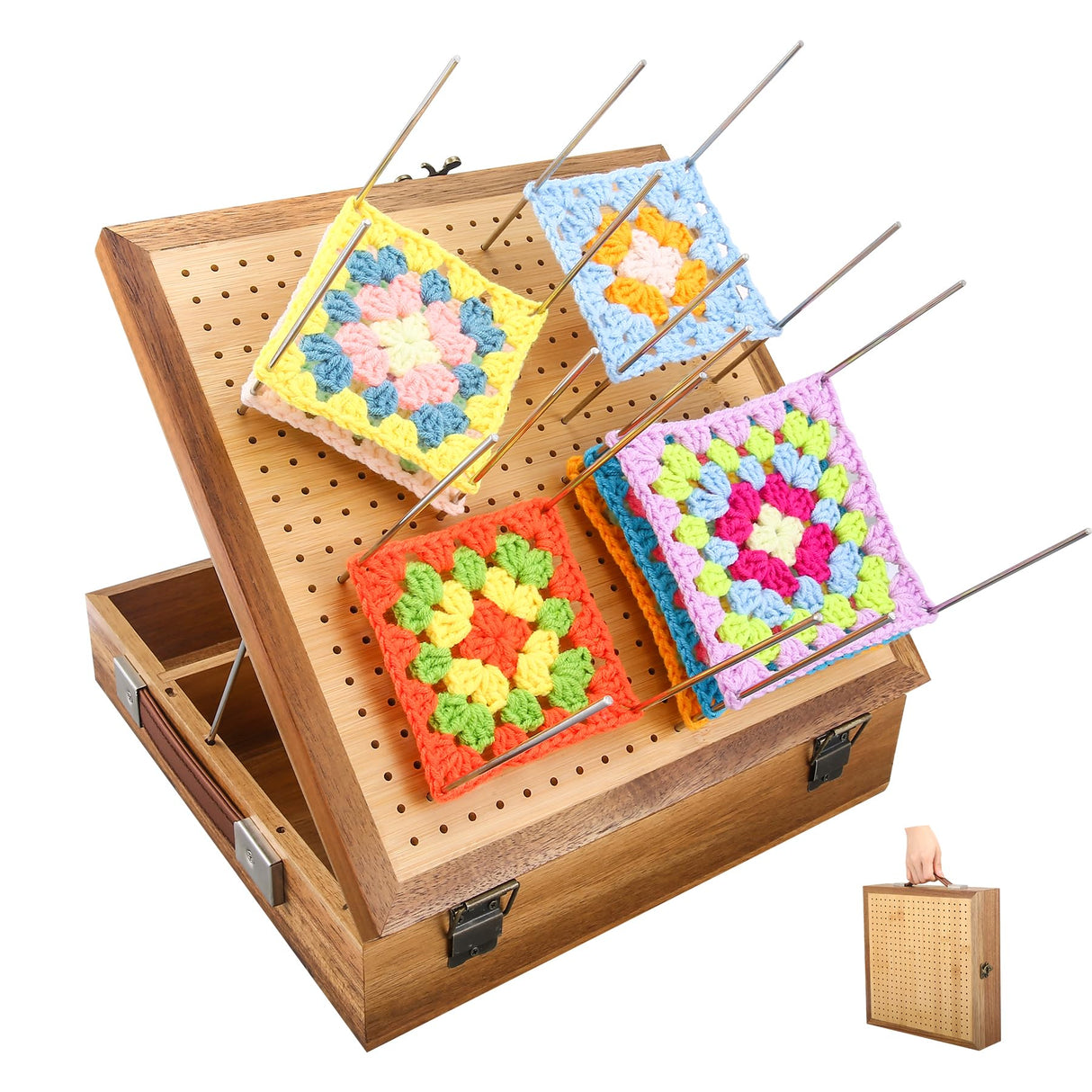 11.6" Crochet Blocking Board with Storage Drawer & Pegs, Acacia & Bamboo Blocking Boards for Crochet Projects, Granny Square Blocking Board, Crocheting Accessories Gifts for Grandmothers, Crocheters NewEle