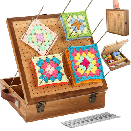 11.6" Crochet Blocking Board with Storage Drawer & Pegs, Acacia & Bamboo Blocking Boards for Crochet Projects, Granny Square Blocking Board, Crocheting Accessories Gifts for Grandmothers, Crocheters NewEle