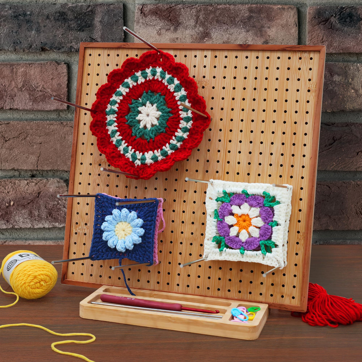 11.8" Crochet Blocking Board with 16 Pins/Pegs, Blocking Boards for Crochet Projects, Granny Square Blocking Board for Crochet Projects, Wooden Crocheting Accessories Gifts for Crocheters HHSarioneiro