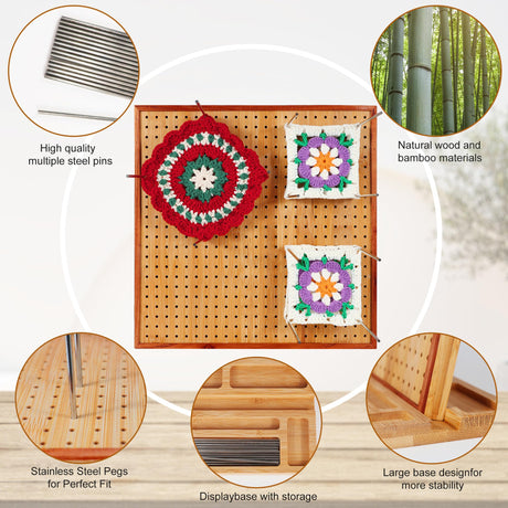 11.8" Crochet Blocking Board with 16 Pins/Pegs, Blocking Boards for Crochet Projects, Granny Square Blocking Board for Crochet Projects, Wooden Crocheting Accessories Gifts for Crocheters HHSarioneiro