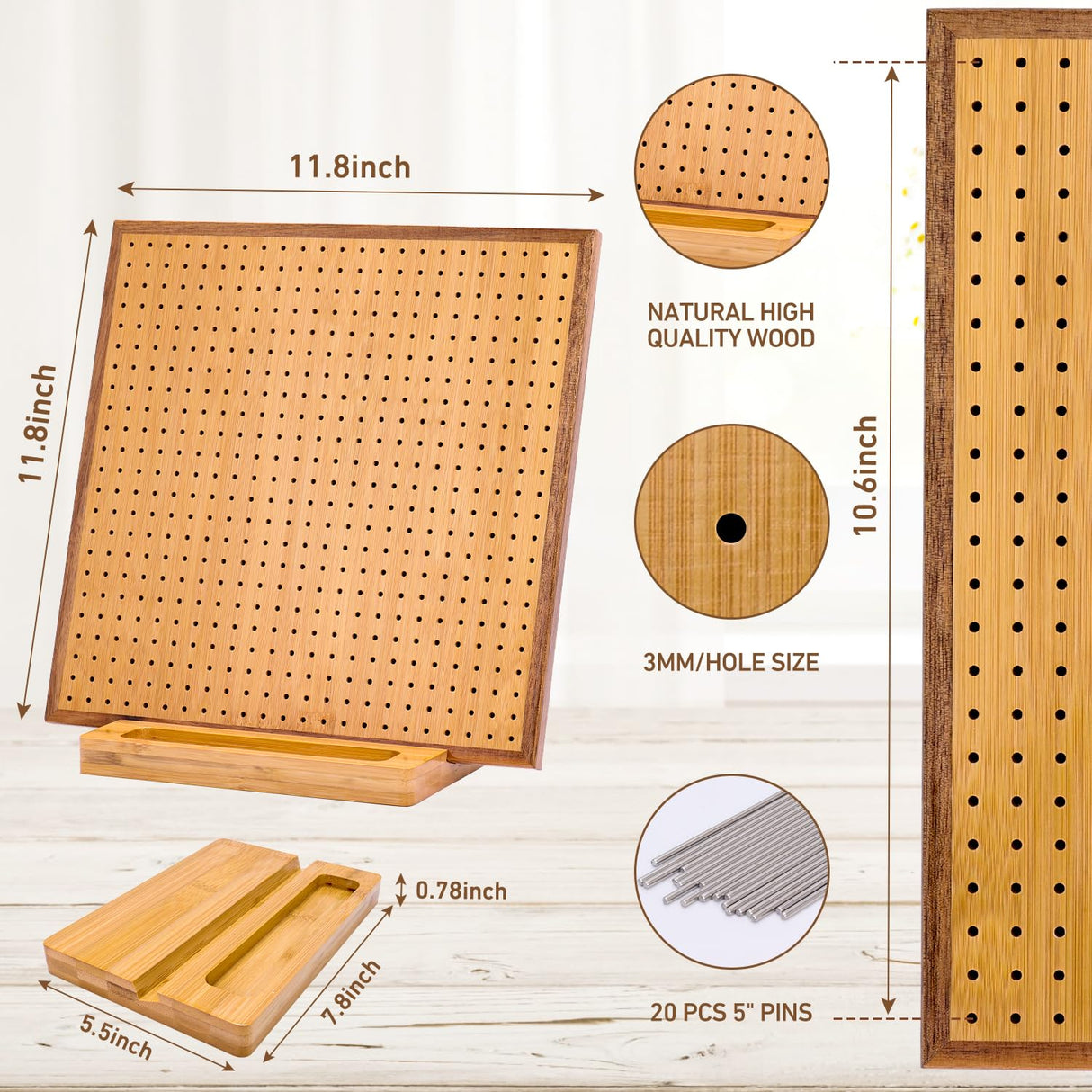 11.8" Crochet Blocking Board with 20 Pins/Pegs, Blocking Board for Crocheting Knitting, Bamboo Granny Square Blocking Boards for Crochet Projects, Wooden Crocheting Accessories Gifts for Crocheters YTHOGTHA