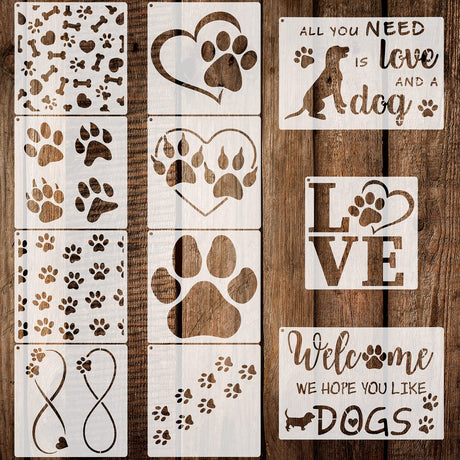 11 Pieces Dog Paw Stencils Trail of Paw Stencil Love Dog Stencils Reusable Painting Templates with Metal Open Ring for DIY Scrapbooks Painting on Wood Home Supplies Outus