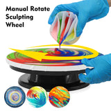 11” Rotate Turnable Sculpting Canvas Spinner Kits Acrylic Pouring Strainers Scraper Cone Painter Support Stands Gloves Foldable Wash Cup Painting Brushes Glitter Tools Pattern Train Art Supplies Angela&Alex