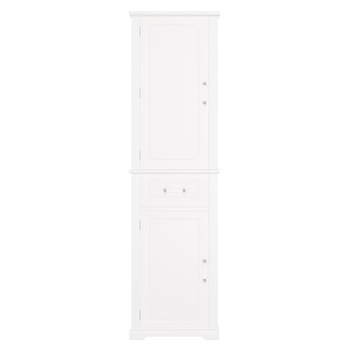 Pasirou 72" Tall Narrow Storage Cabinet with 2 Doors and One Drawer, Modern Freestanding Pantry Organizer with Adjustable Shelf and Door Shelves for Bathroom, Home Office, Kitchen, White Pasirou