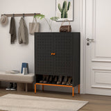 Grid Double Door Shoe Cabinet With Adjustable Compartments and Moisture-Proof Design