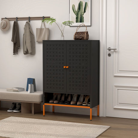 Grid Double Door Shoe Cabinet With Adjustable Compartments and Moisture-Proof Design HouseOfZazla