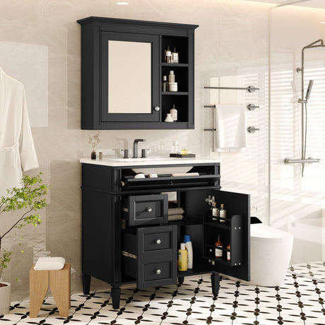 Bathroom Vanity With Medicine Cabinet, Royal Mirror Cabinet, Modern Bathroom Storage Cabinet With 2 Soft Closing Doors And 4 Drawers HouseOfZazla