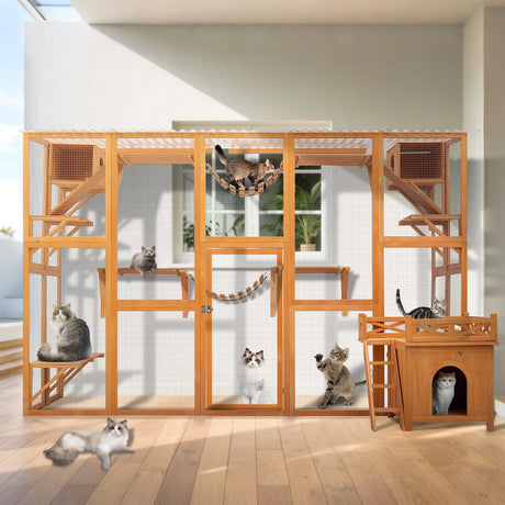 118'' Sturdy Wood Catio Outdoor Cat Enclosure Window Wall Mounted, Large Wooden Cat Patio Playground with 8 Platforms/2 Resting Boxes/2 Bridges/Cats House for Multiple Cats (Natural Wood) WoodArtSupply