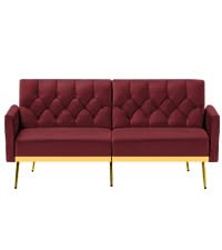 ACMEASE Velvet Sofa Bed w/Adjustable Armrests & Backrests, Modern Convertible Sleeper Sofa, Tufted Futon Sofa for Bedroom, Living Room, Apartment, Red ACMEASE