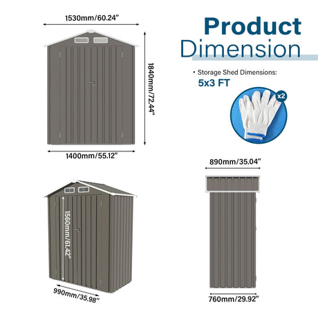 5 X 3 Ft Compact Metal Outdoor Storage Shed With Pitched Roof, Lockable Door - Gray HouseOfZazla