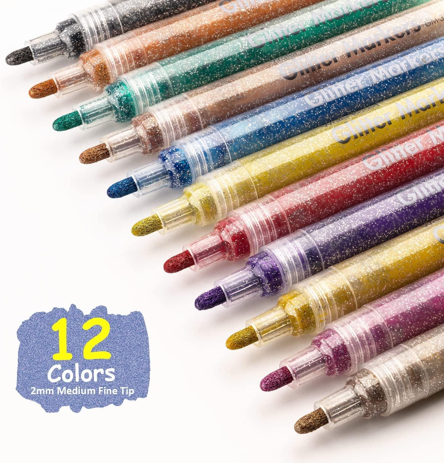 12 Colors Glitter Markers Pen Metallic Paint Pens Medium Kids & Adults Rock  Painting and More 3mm