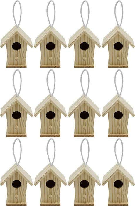12-Pack of Mini Wooden Bird Houses to Paint, with Hanging Cords, Unfinished DIY Design Your Own WoodArtSupply
