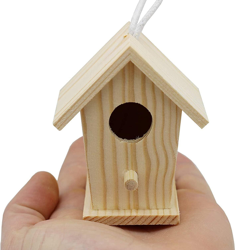 12Pack of Mini Wooden Bird Houses to Paint, with Hanging Cords
