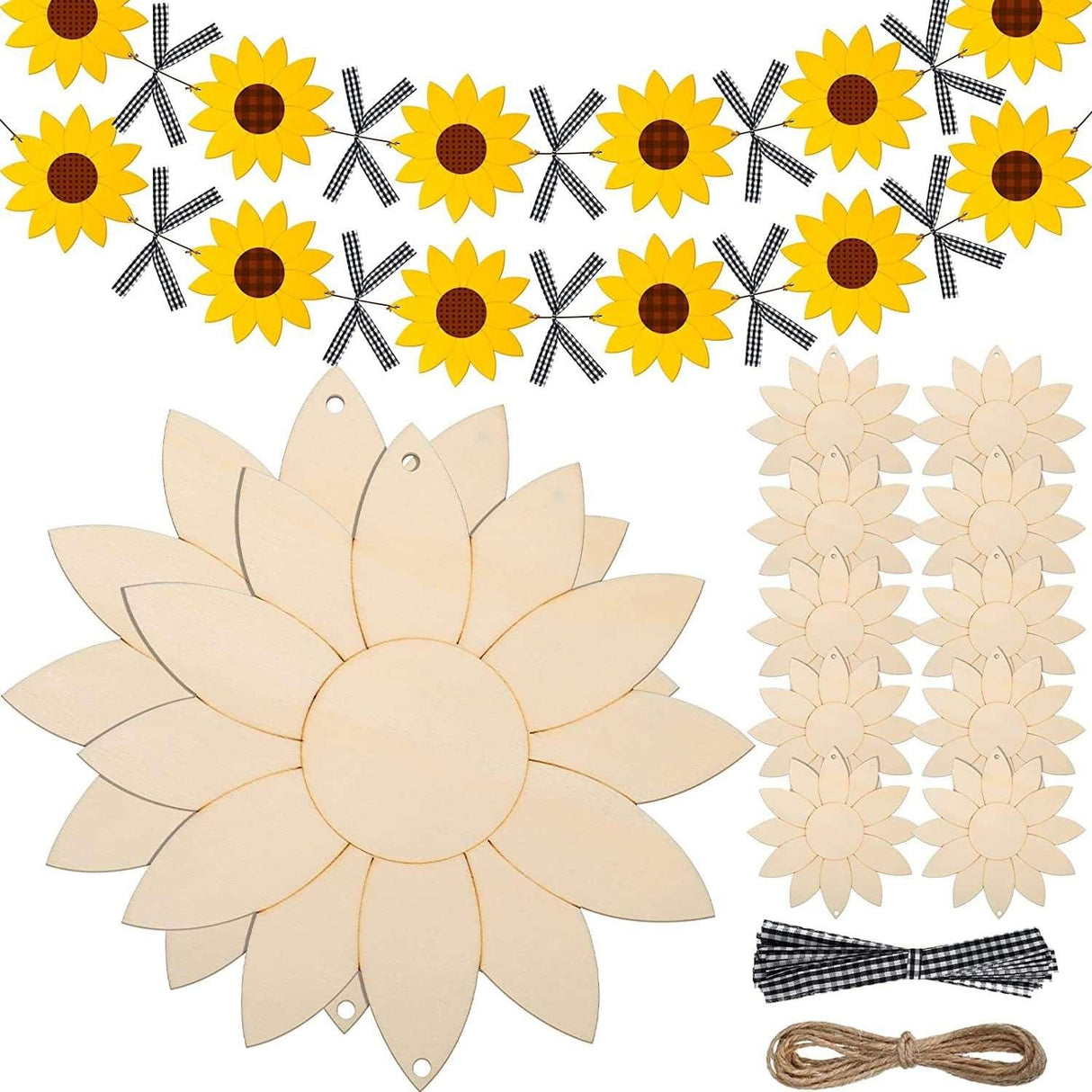 12 Pack Unfinished Sunflower Wood Cutout Crafts Unpainted Hanging Wood Signs Sunflower Cutouts for DIY Banner WoodArtSupply