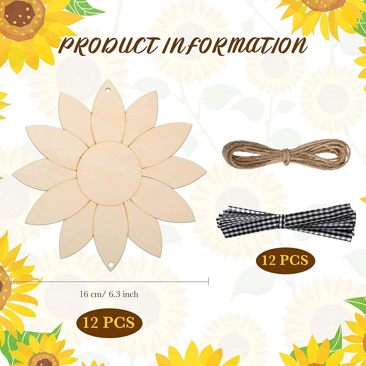 12 Pack Unfinished Sunflower Wood Cutout Crafts Unpainted Hanging Wood Signs Sunflower Cutouts for DIY Banner WoodArtSupply