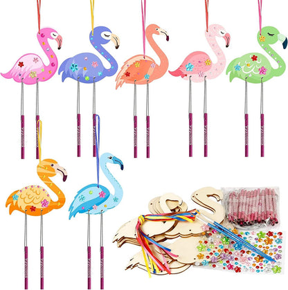 12 Pack Wind Chime Kit for Kids Make Your Own Flamingos Wind Chime Wooden Arts and Crafts - WoodArtSupply