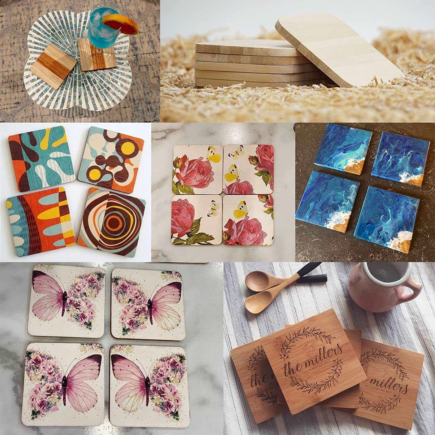 20 Pieces Unfinished Wood Coasters, 4 Inch Square and Round Blank Wooden  Coasters for Crafts with Non-Slip Silicon Dots for DIY Stained Painting  Wood
