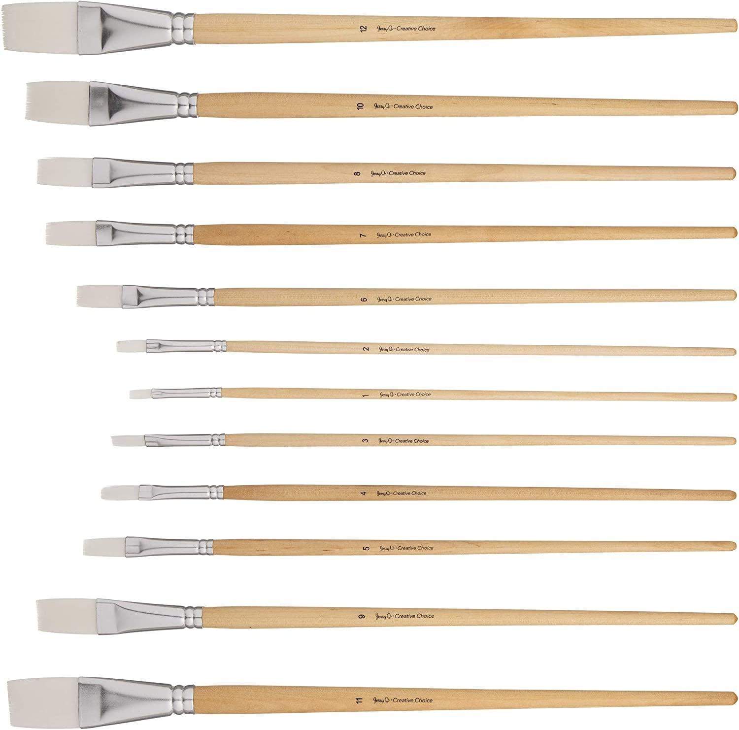 12 PC White Synthetic Hair Flat Brush Set with Long Wood Handles for Watercolor and Acrylic WoodArtSupply