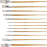 12 PC White Synthetic Hair Flat Brush Set with Long Wood Handles for Watercolor and Acrylic WoodArtSupply