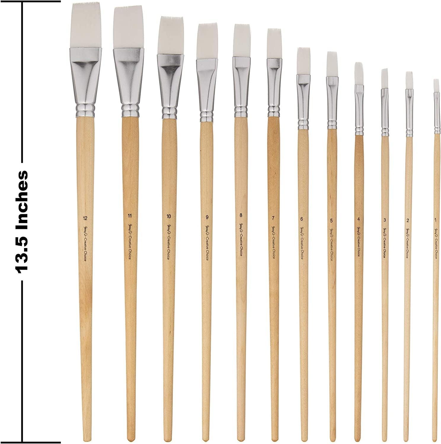 12 PC White Synthetic Hair Flat Brush Set with Long Wood Handles for Watercolor and Acrylic WoodArtSupply